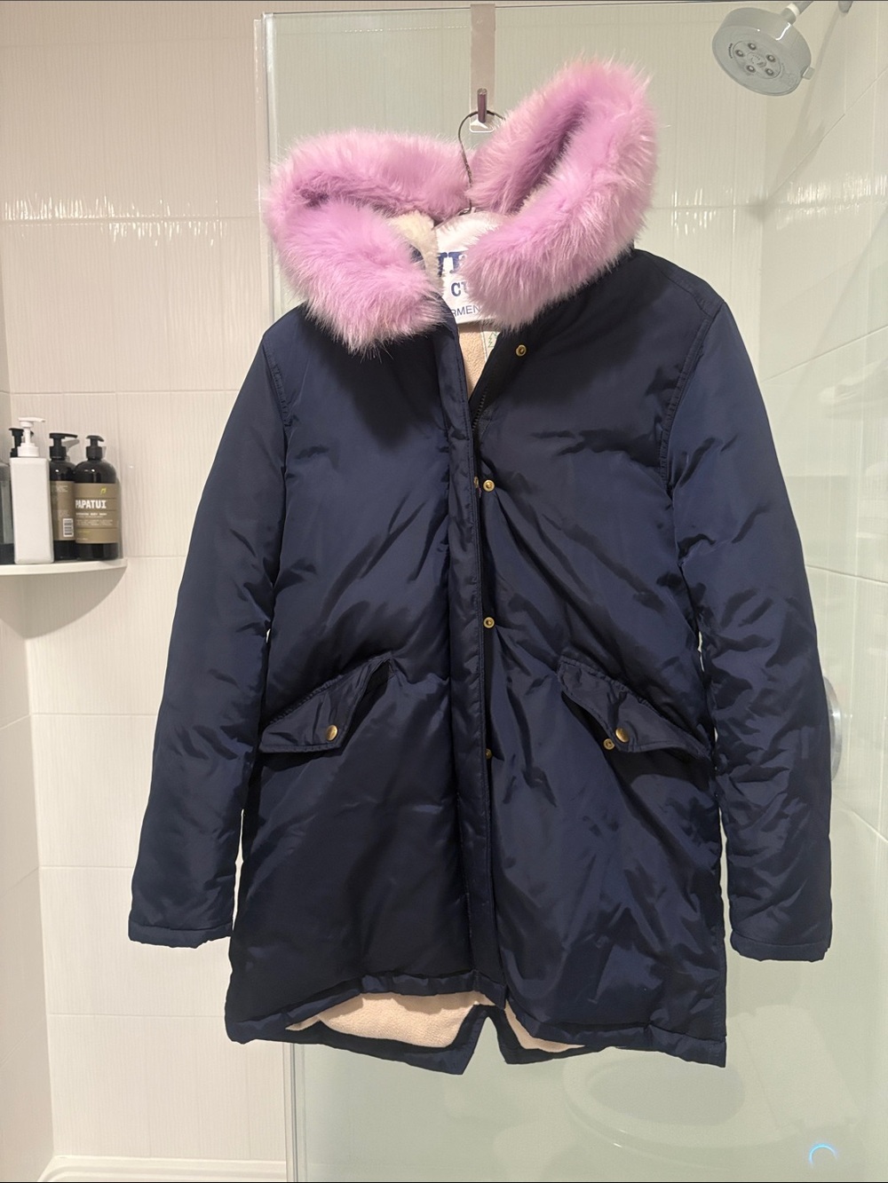 J. Crew Navy Puffer Coat with Pink Faux Fur Hood Trim